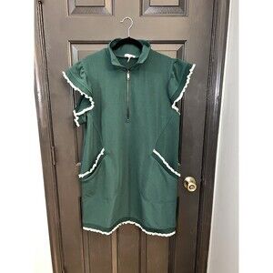 Entro Green Collared Dress Ruffle Flutter Sleeve Zip Pockets L Vintage
